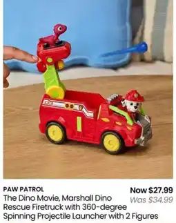 Myer PAW PATROL The Dino Movie, Marshall Dino Rescue Firetruck with 360-degree Spinning Projectile Launcher with 2 Figures offer