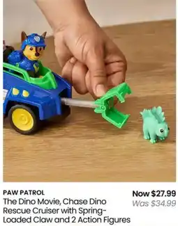 Myer PAW PATROL The Dino Movie, Chase Dino Rescue Cruiser with Spring Loaded Claw and 2 Action Figures offer