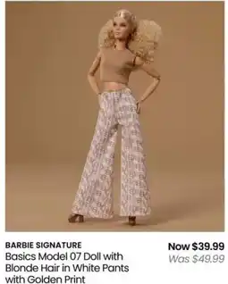 Myer BARBIE SIGNATURE Basics Model 07 Doll with Blonde Hair in White Pants with Golden Print offer