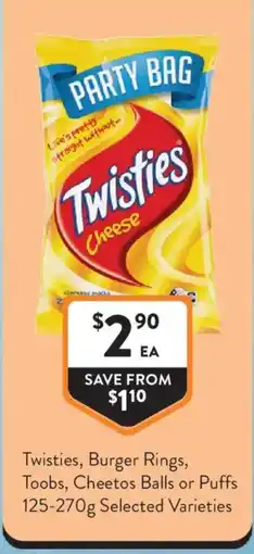 Foodworks Twisties, Burger Rings, Toobs, Cheetos Balls or Puffs offer