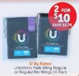 WHOLELIFE U By Kotex Ultrachins Pads Wing Regular or Regular No Wings offer