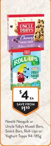 Foodworks Nestlé Nesquik or Uncle Tobys Muesli Bars, Snack Bars, Roll-Ups or Yoghurt Topps offer
