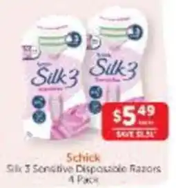 WHOLELIFE Schick Silk 3 Sensitive Disposable Razors offer