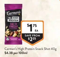 Foodworks Carman's High Protein Snack Shot offer