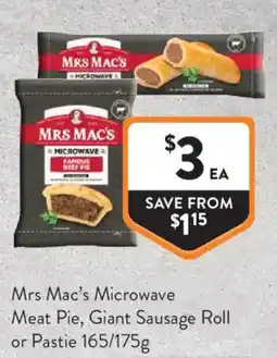 Foodworks Mrs Mac's Microwave Meat Pie, Giant Sausage Roll or Pastie offer