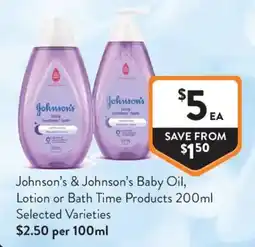 Foodworks Johnson's & Johnson's Baby Oil, Lotion or Bath Time Products offer