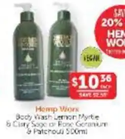 WHOLELIFE Hemp Work Body Wash Lemon Myrtle & Clary Sage or Rose Geranium & Patchouli 500ml offer