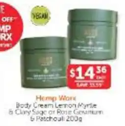WHOLELIFE Hemp Worx Body Cream Lemon Myrtle & Clay Sage or Rose Geranium & Patchouli offer