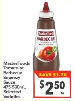 Supa Valu MasterFoods Tomato or Barbecue Squeeze Sauce offer