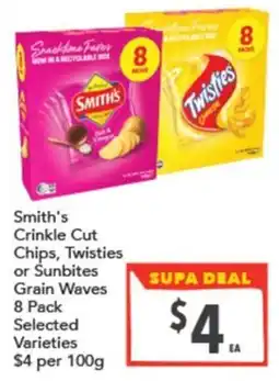 Supa Valu Smith's Crinkle Cut Chips, Twisties or Sunbites Grain Waves offer