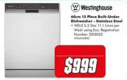 The Good Guys Westinghouse 60cm 15 Place Built-Under Dishwasher - Stainless Steel offer