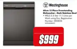 The Good Guys Westinghouse 60cm 15 Place Freestanding Dishwasher - Dark Stainless Steel offer