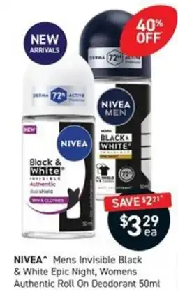 Chemist King NIVEA^ Mens Invisible Black & White Epic Night, Womens Authentic Roll On Deodorant offer