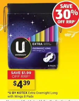 Cincotta Chemist U by Kotex Extra Overnight Long with Wings offer