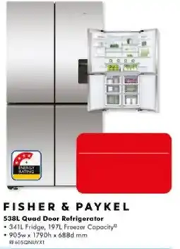 The Good Guys Fisher & Paykel 538L Quad Door Refrigerator offer