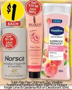 NQR Sukin Paw Paw Ointment, Vaseline Superfood Freshlock Peach or Norsca Finger Lime offer