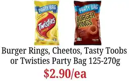 Farmer Jack's Burger Rings, Cheetos, Tasty Toobs or Twisties Party Bag offer
