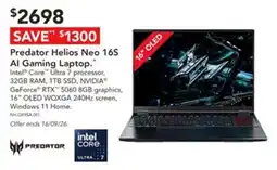 Harvey Norman Predator Helios Neo 16S AI Gaming Laptop offer