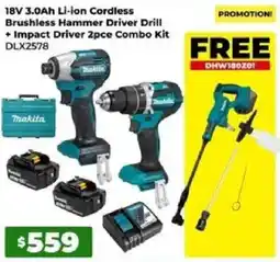 Sydney Tools Makita 18V 3.0Ah Li-ion Cordless Brushless Hammer Driver Drill + Impact Driver 2pce Combo Kit offer
