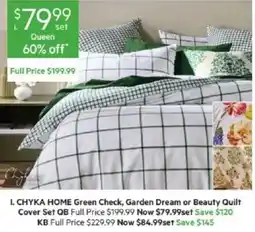 Harris Scarfe L CHYKA HOME Green Check, Garden Dream or Beauty Quilt Cover Set offer