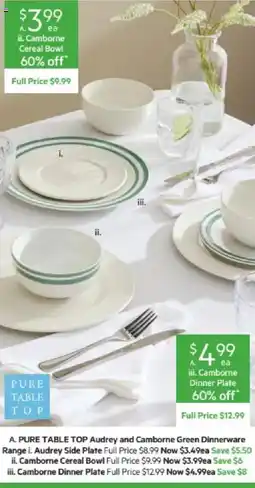Harris Scarfe PURE TABLE TOP Audrey and Camborne Green Dinnerware Range offer