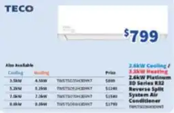 Bi-Rite TECO 2.6kW Cooling / 1.3kW Heating 2.6kW Platinum 3D Series R32 Reverse Split System Air Conditioner offer