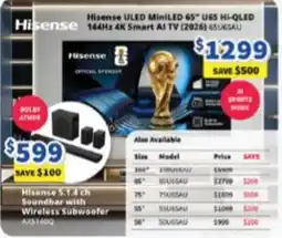 Bi-Rite Hisense ULED MiniLED 65" UGS HI-QLED 144Hz 4K Smart AI TV offer