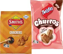 IGA Twisties Cinnamon Sugar Churros 120g or Smithʼs Crackers 160g Selected Varieties offer