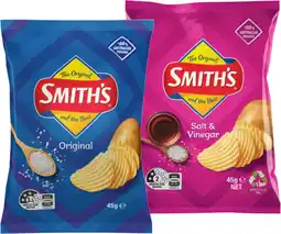 IGA Smith’s Crinkle Cut Chips or Doritos Corn Chips 45g Selected Varieties offer