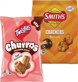 IGA Twisties Cinnamon Sugar Churros 120g, Smithʼs Crackers 160g or Cheetos 110g Selected Varieties offer