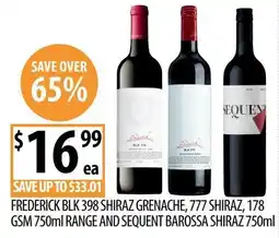 Supabarn Frederick Blk 398 Shiraz Grenache, 777 Shiraz, 178 GSM Range and Sequent Barossa Shiraz offer
