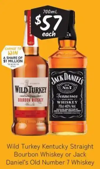 Wild Turkey Kentucky Straight Bourbon Whiskey or Jack Daniel's Old Number 7 Whiskey