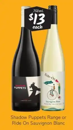 Cellarbrations Shadow Puppets Range or Ride On Sauvignon Blanc offer