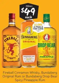 Cellarbrations Fireball Cinnamon Whisky, Bundaberg Original Rum or Bundaberg Drop Bear Spicy Pineapple Rum offer