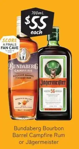 Cellarbrations Bundaberg Bourbon Barrel Campfire Rum or Jägermeister offer