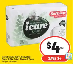 IGA icare Luxury 100% Recycled Paper 3 Ply Toilet Tissue offer