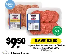 Drakes Slope & Sons Aussie Beef or Chicken Burgers Value Pack offer