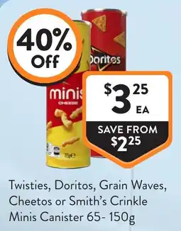 Foodworks Twisties Doritos Grain Waves Cheetos Smith's Crinkle Minis Canister offer