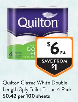 Foodworks Quilton Classic White Double Length 3ply Toilet Tissue offer