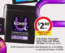 Coles U By Kotex Overnight Extra Pads with Wings offer
