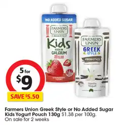Coles Farmers Union Greek Style or No Added Sugar Kids Yogurt Pouch offer