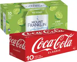 Coles Coca-Cola Soft Drink or Mt Franklin Sparkling Water 10x375mL offer