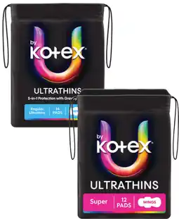 Coles U By Kotex Ultra Thin Pads with Wings Regular 14 Pack or Super 12 Pack offer