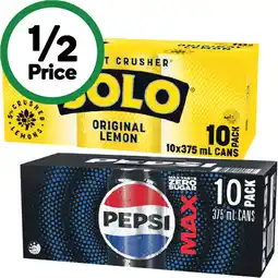 Woolworths Pepsi, Solo, Mountain Dew or Schweppes Lemonade Soft Drink Varieties 10 x 375ml offer