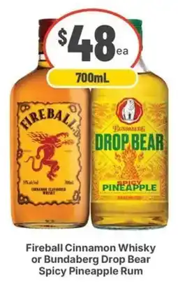 IGA Liquor Fireball Cinnamon Whisky or Bundaberg Drop Bear Spicy Pineapple Rum offer