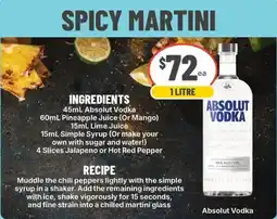IGA Liquor Spicy Martini Absolut Vodka offer