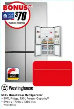 The Good Guys Westinghouse 547L Quad Door Refrigerator offer