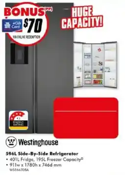 The Good Guys Westinghouse 596L Side-By-Side Refrigerator offer