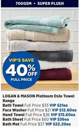 Spotlight Logan & Mason Platinum Oslo Towel Range offer