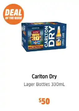 BWS Carlton Dry Lager Bottles 330mL offer